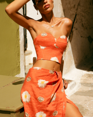 Phaidra linen bustier top, printed skirt