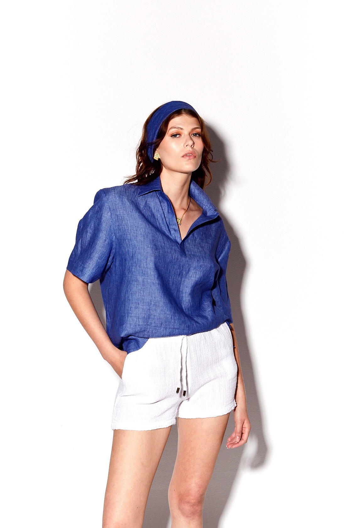 Zina buttonless polo linen blouse