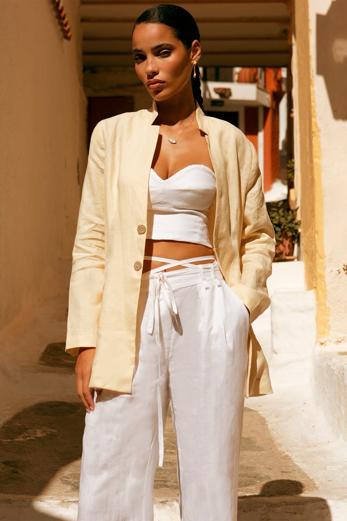 Amara pants Amalthea linen blazer, Oceanis bustier top