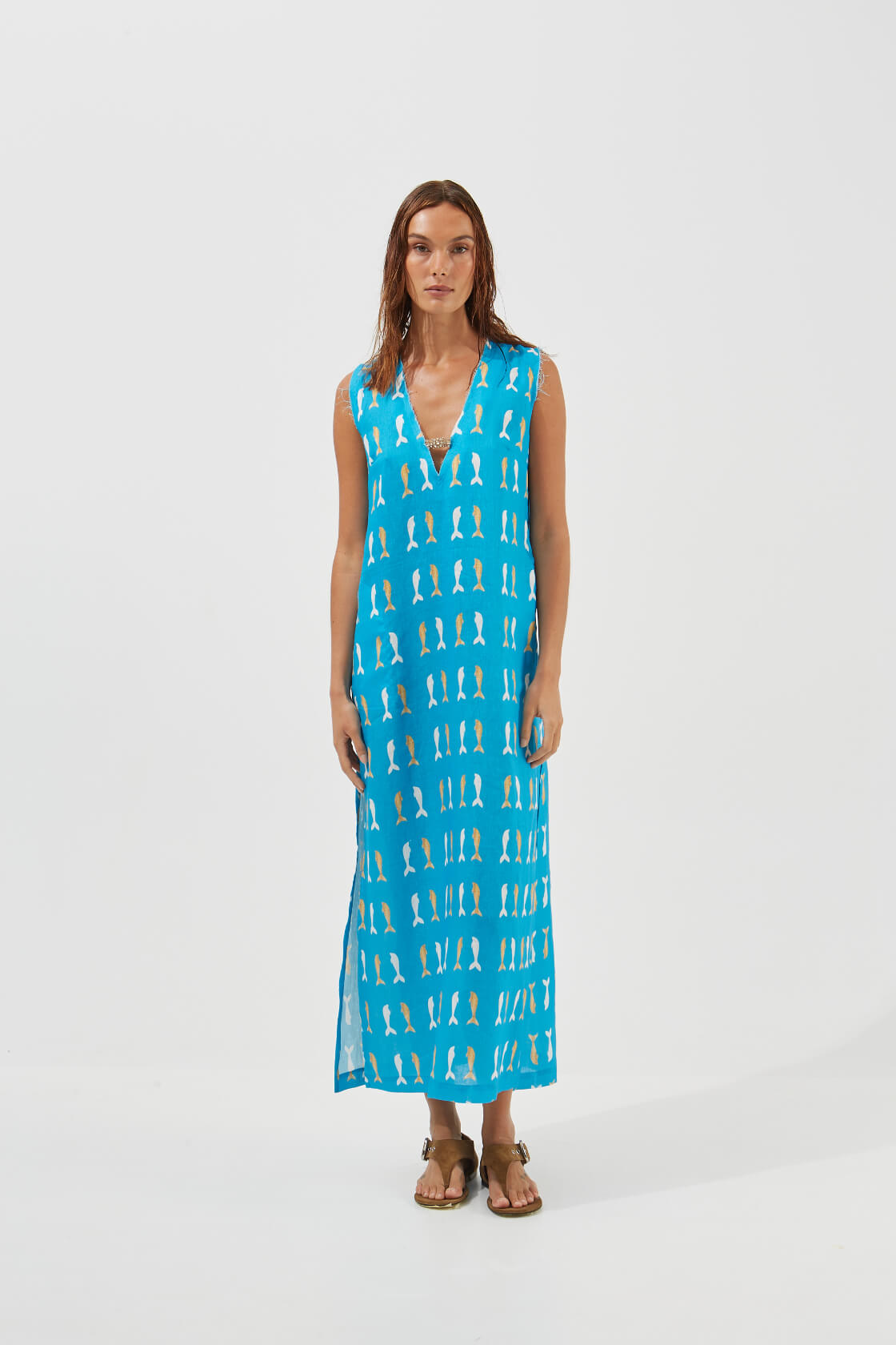 Violet maxi V-neck printed linen dress