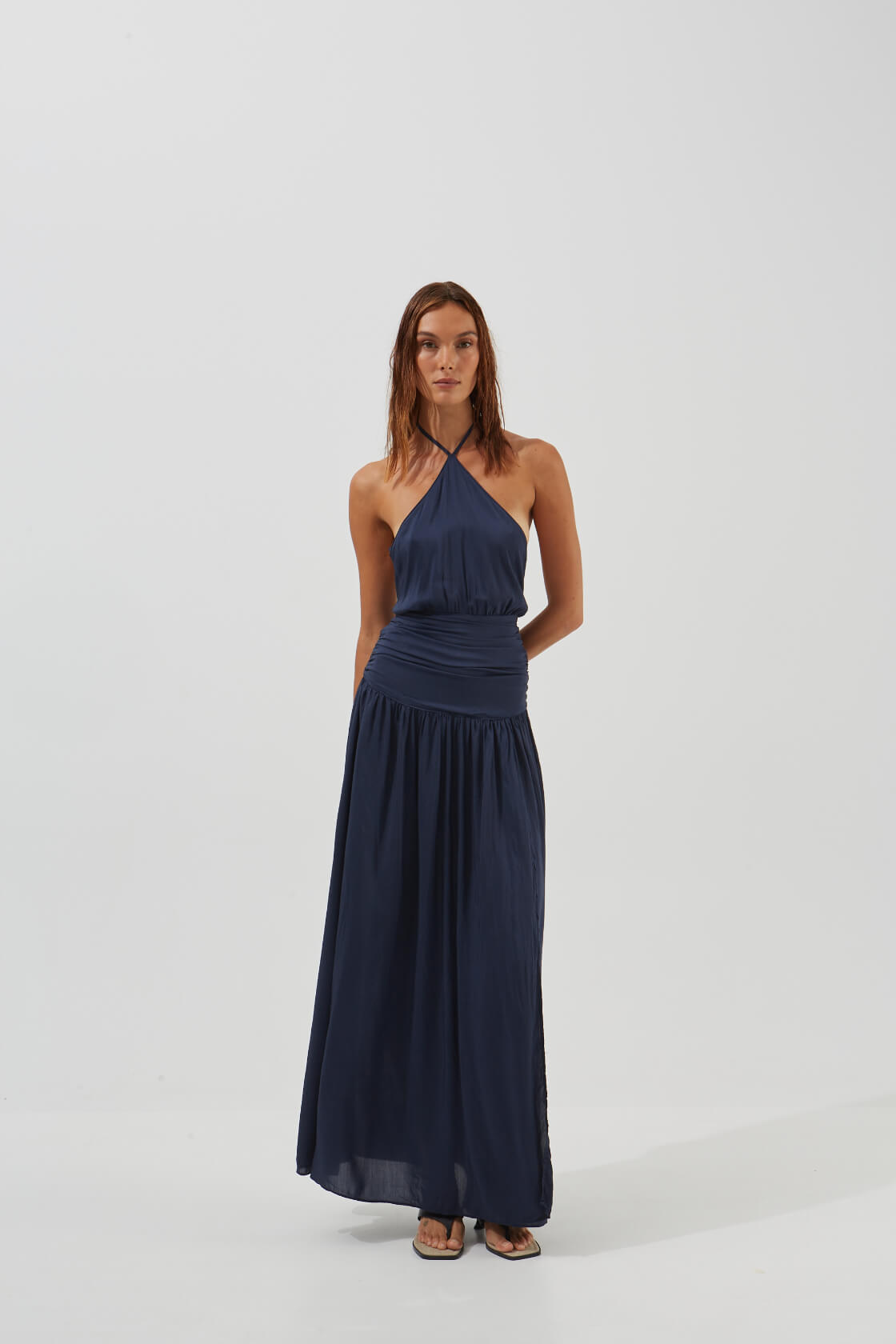 Anthea halter neck ruffled waist front slit dress