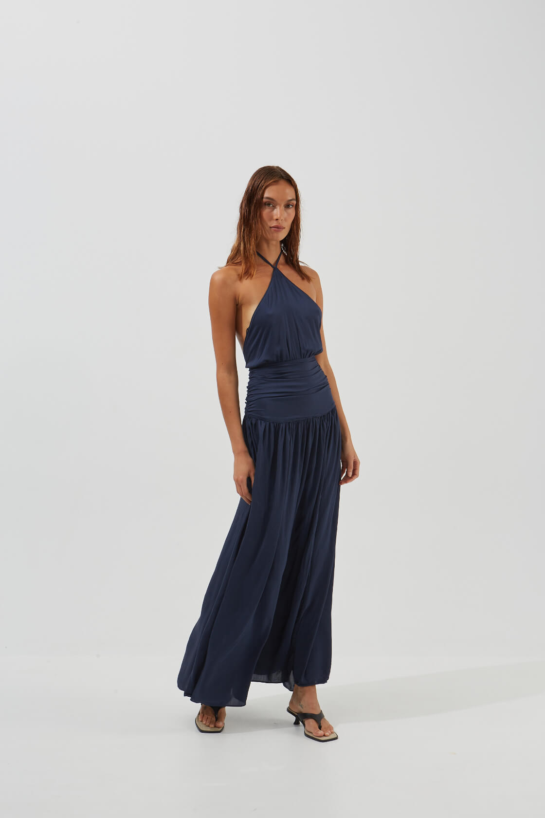 Anthea halter neck ruffled waist front slit dress