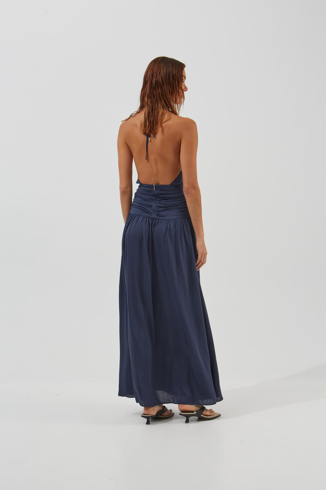 Anthea halter neck ruffled waist front slit dress