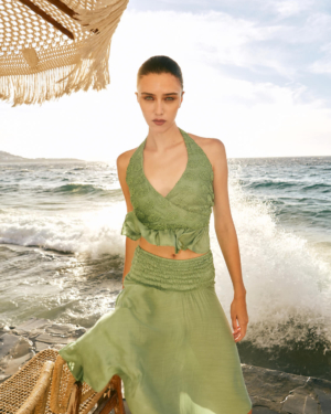 halter neck top, silk-viscose asymmetric skirt