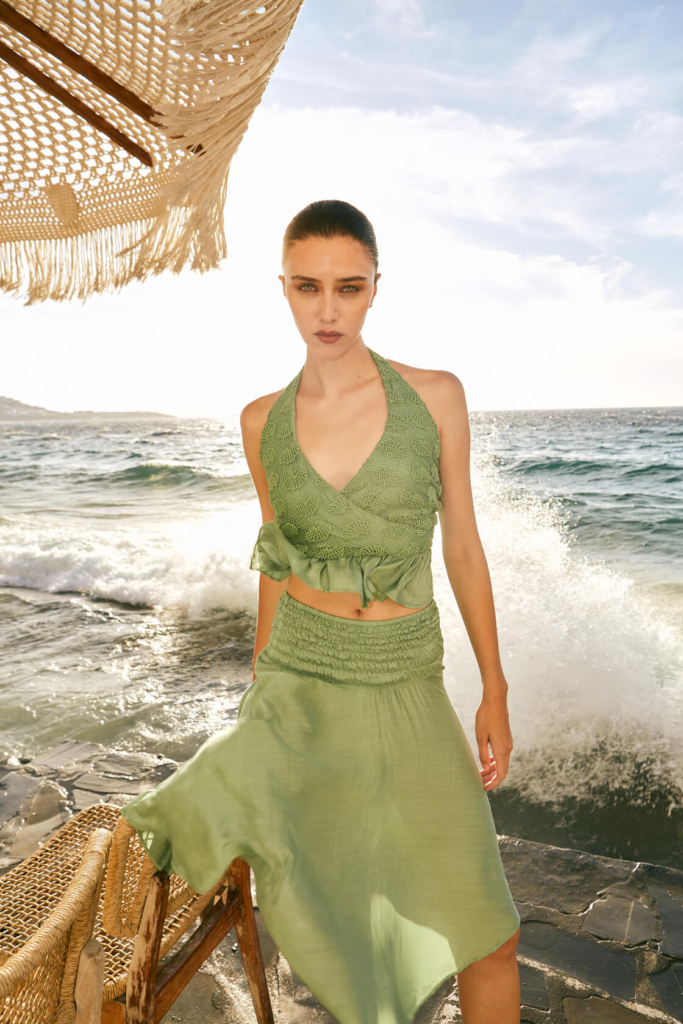 halter neck top, silk-viscose asymmetric skirt