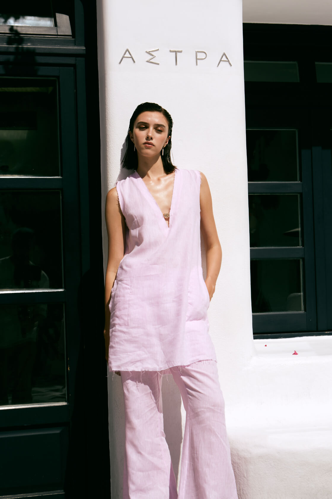 Rose mini V-neck linen dress