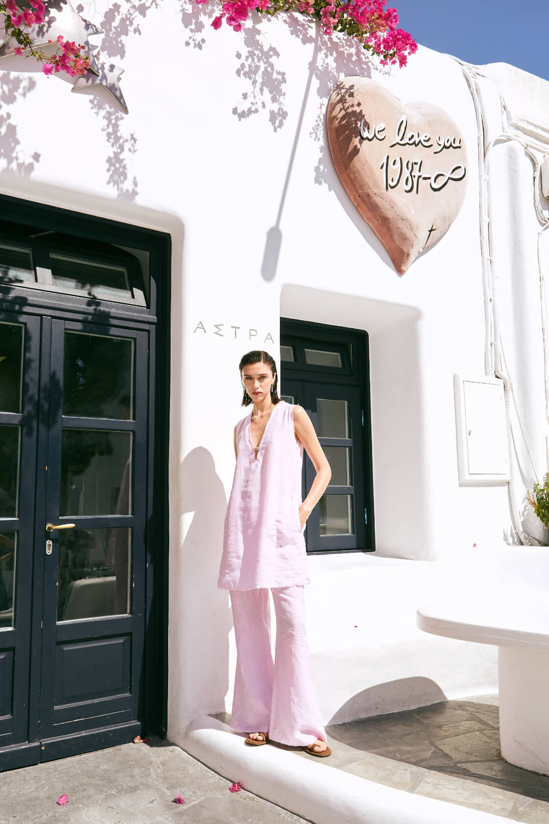 Rose mini V-neck linen dress