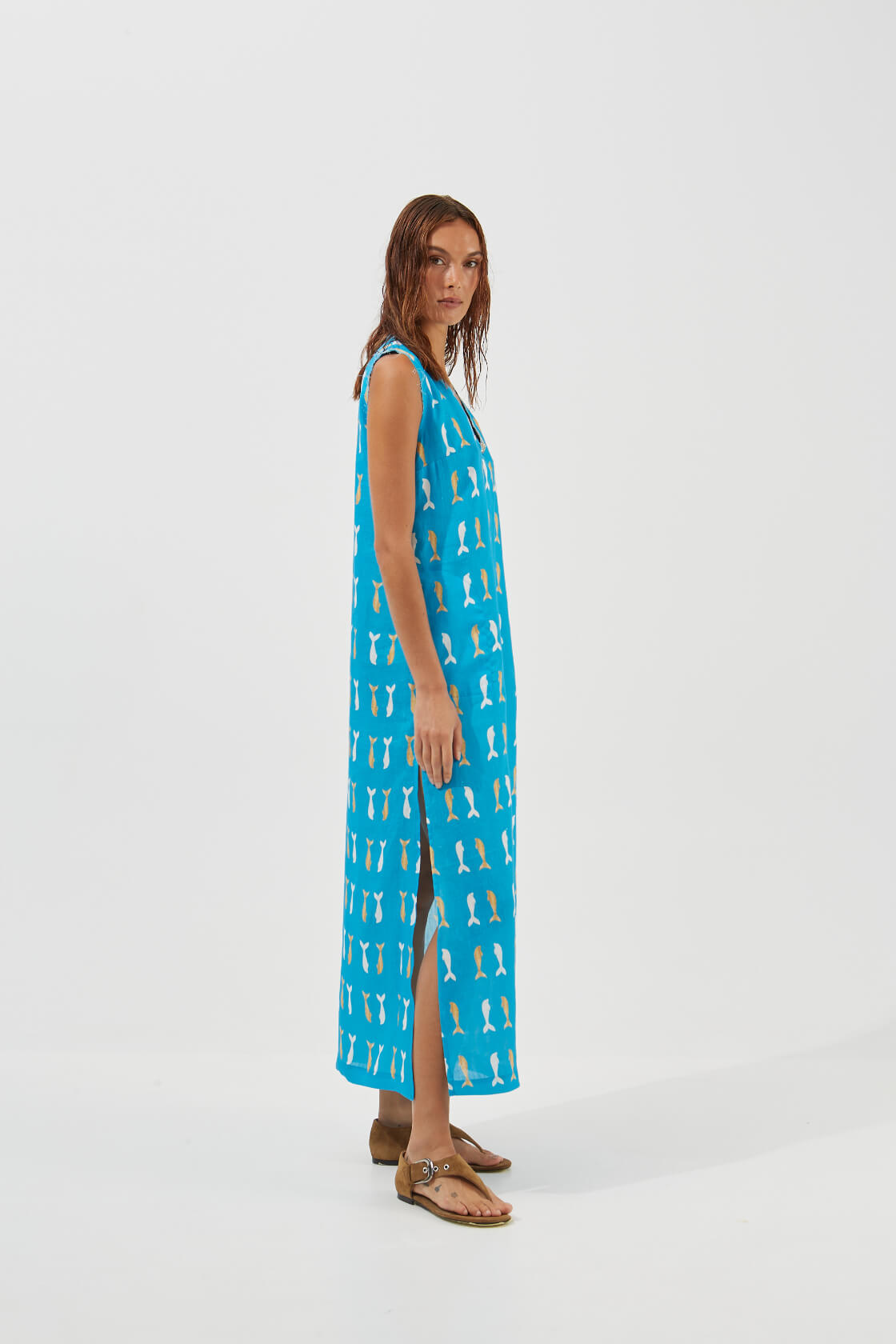 Violet maxi V-neck printed linen dress