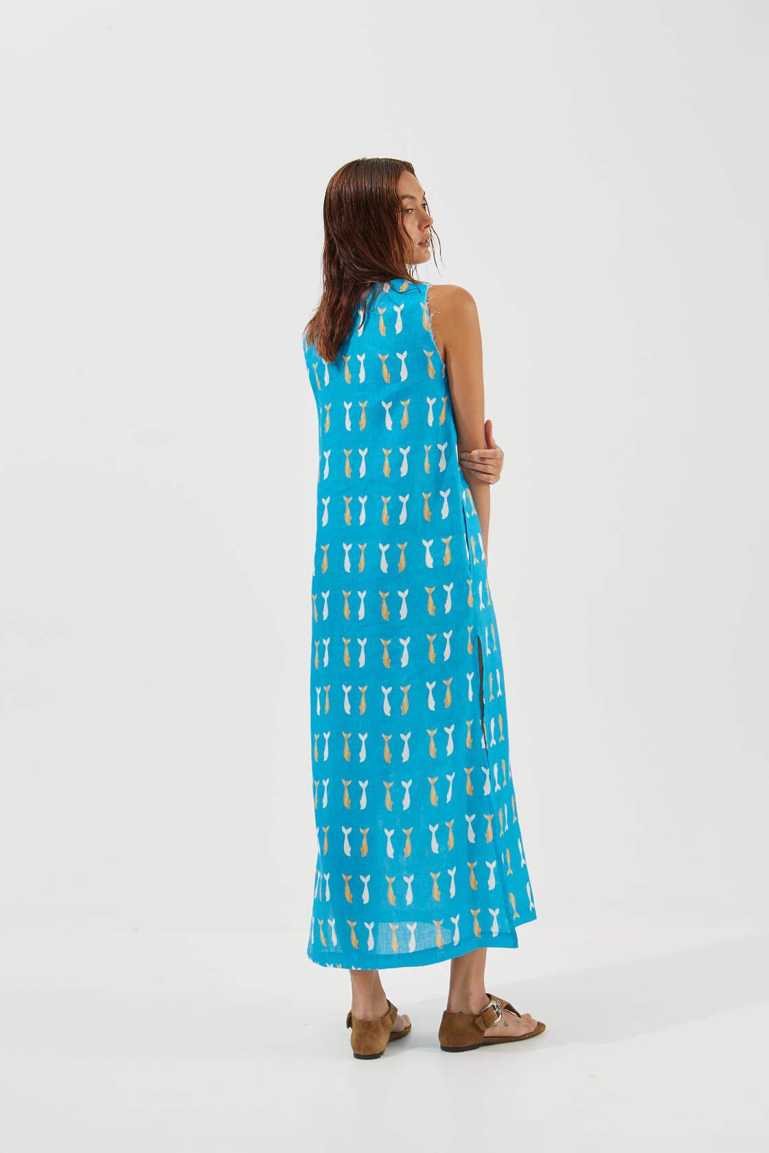 Violet maxi V-neck delphinus printed linen dress