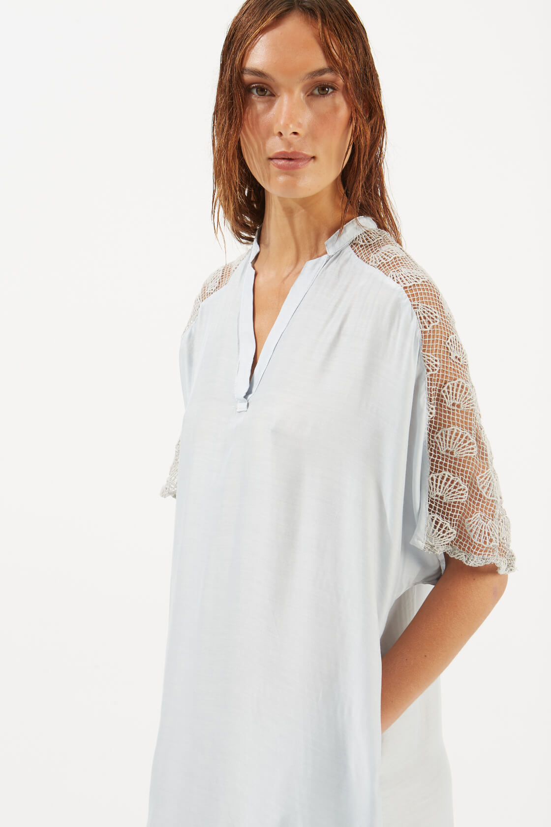 Alyssa lace-trimmed midi short-sleeved dress