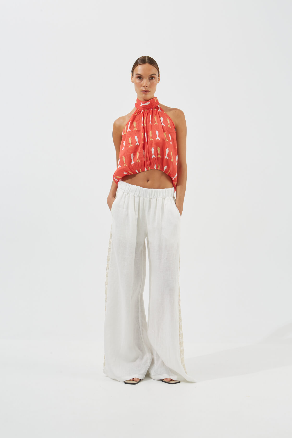 TOP-0134P, PNT-0513 2 turtleneck cropped ruched top
